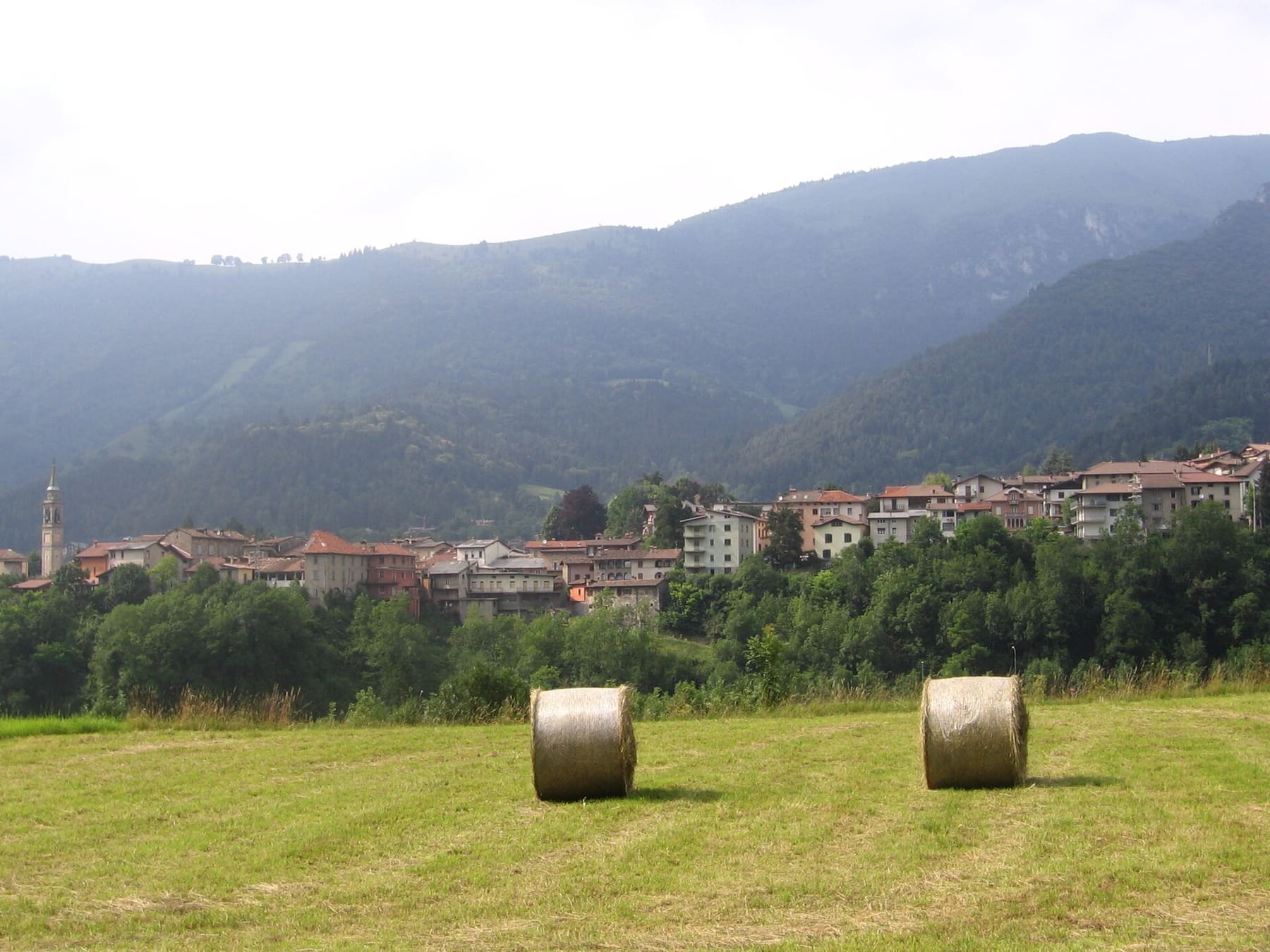 Fino del Monte visto dai prati con le rotoballe di fieno, il campanile e i boschi dell'altopiano di Clusone