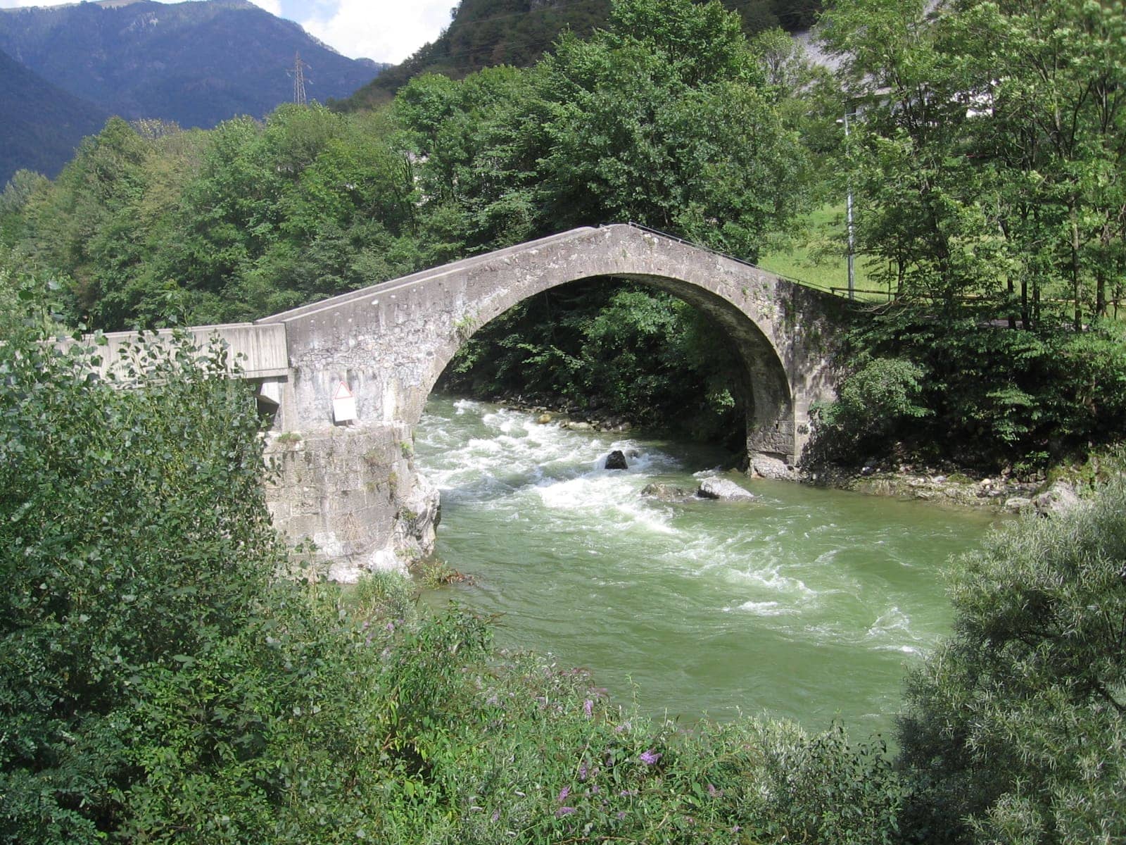 Il Ponte delle Capre, antico ponte in pietra ad arco sul fiume Brembo a Lenna, tra il verde