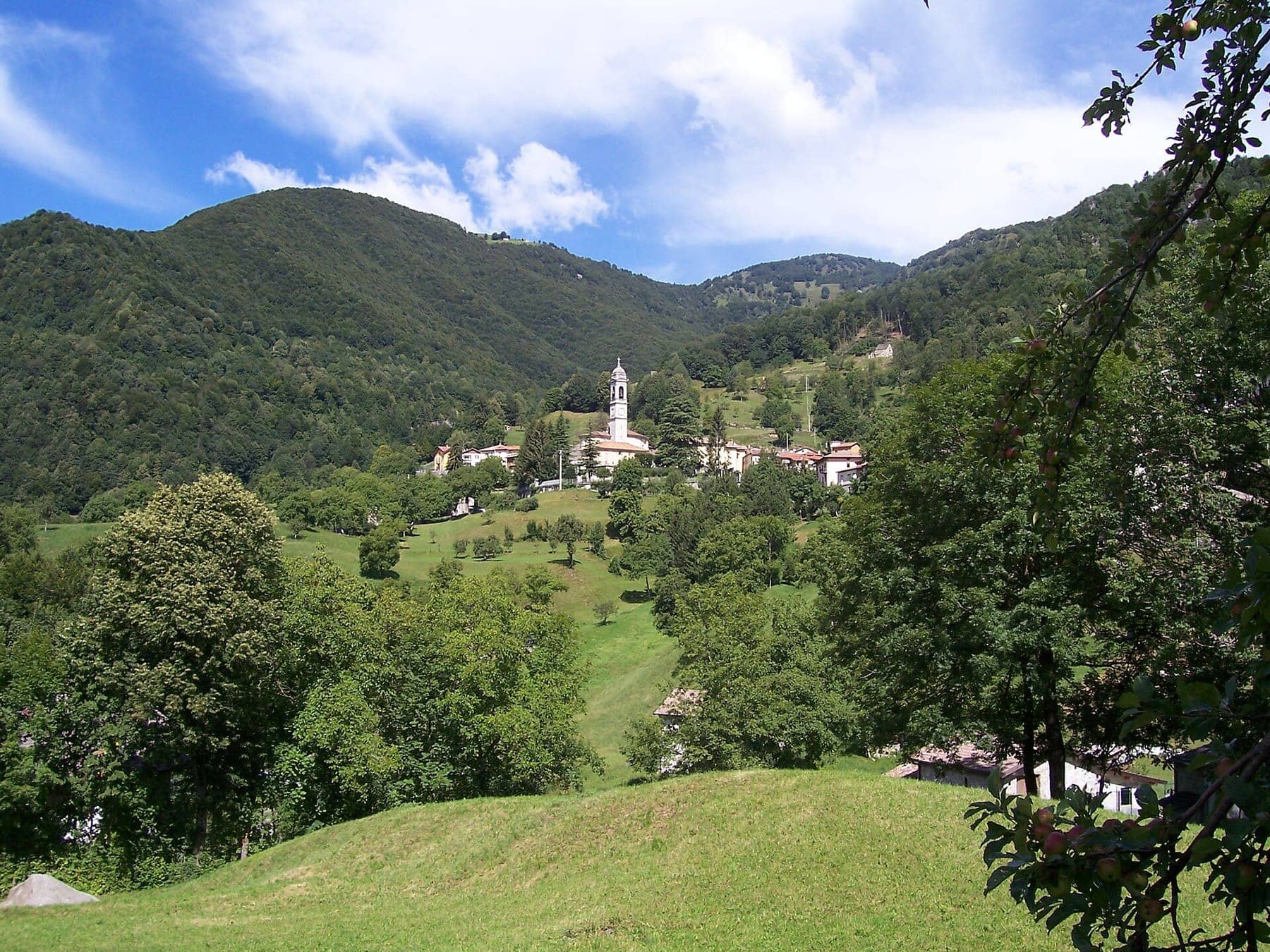 Vedeseta con il campanile della parrocchiale tra i prati e i boschi della Val Taleggio